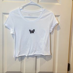 White Cropped Butterfly Embroidered Tee